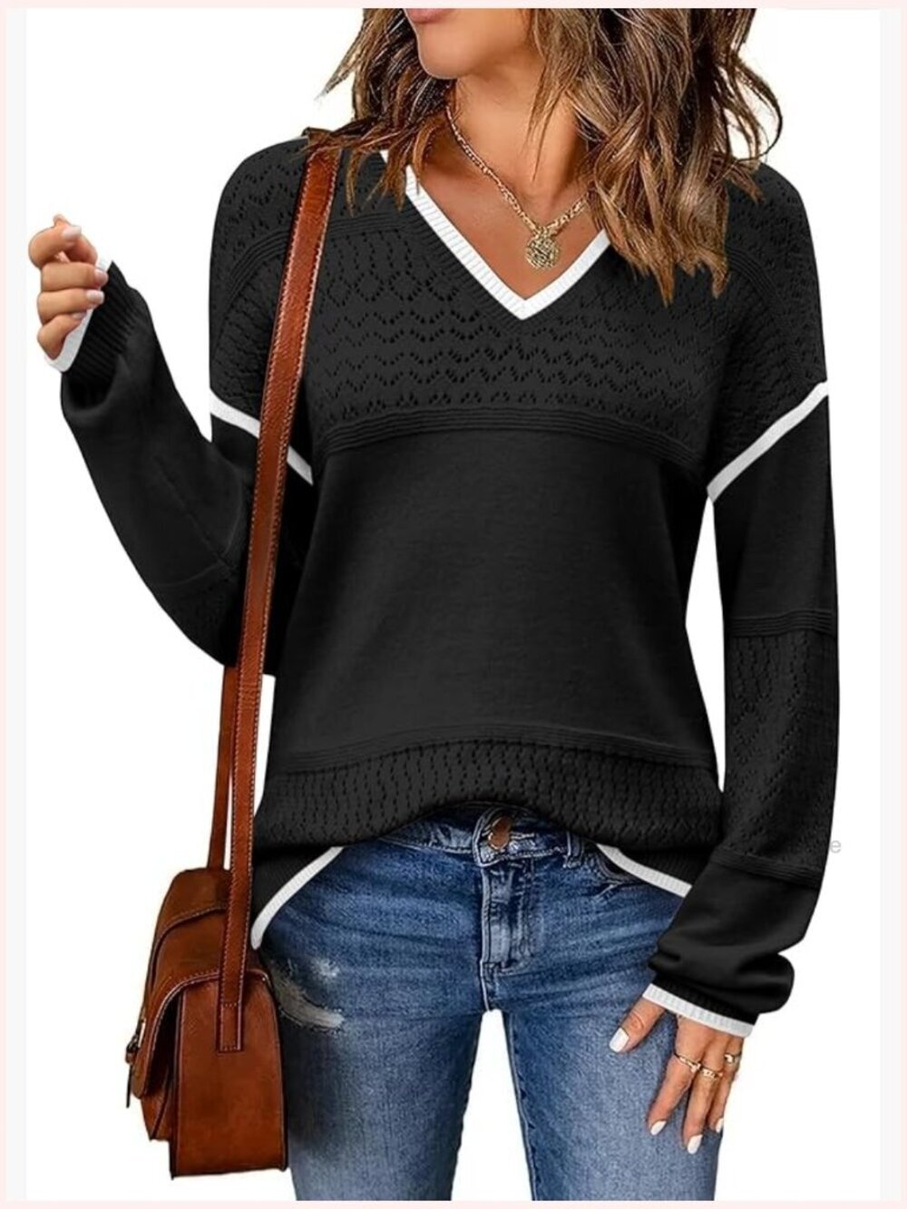 V Neck Lightweight Crochet Ribbed Knit Pullover Sweater Top